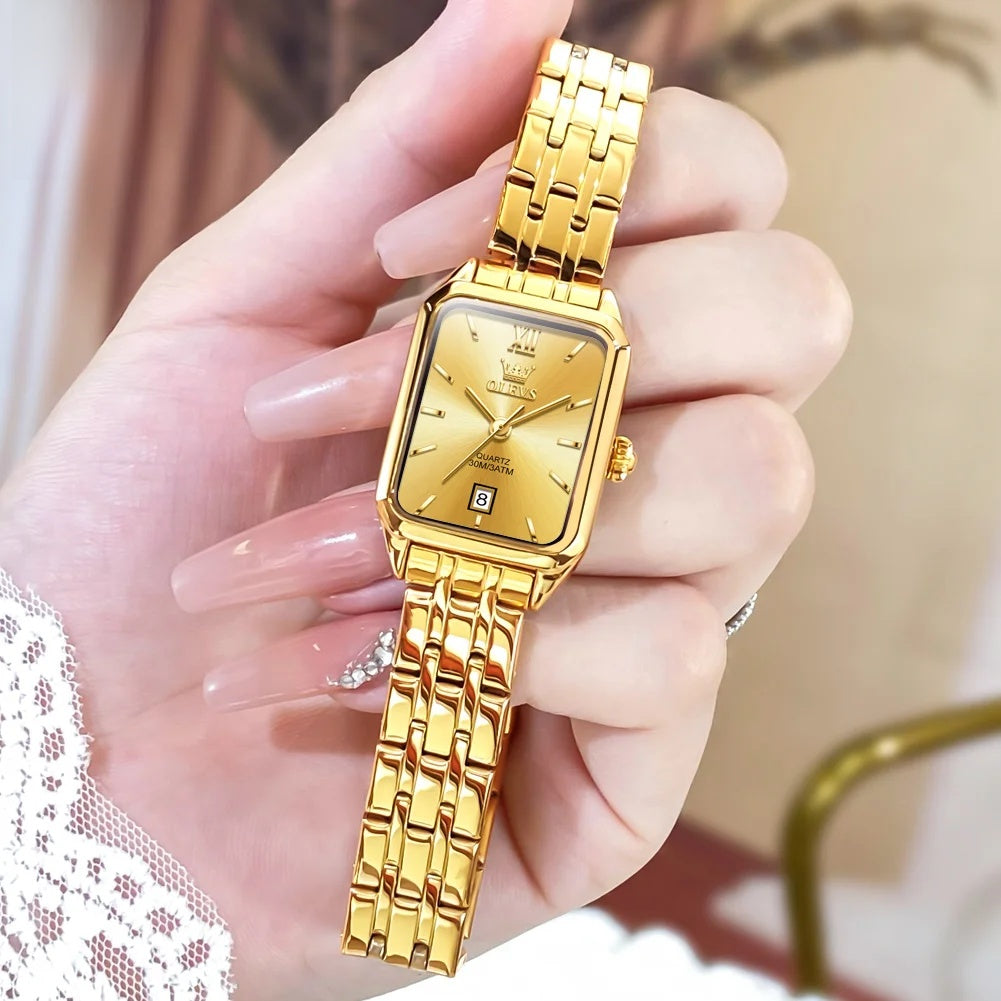 Women's Gold-Tone Rectangular Bracelet Watch — Gold Dial / Link Bracelet — BandsCo Straps