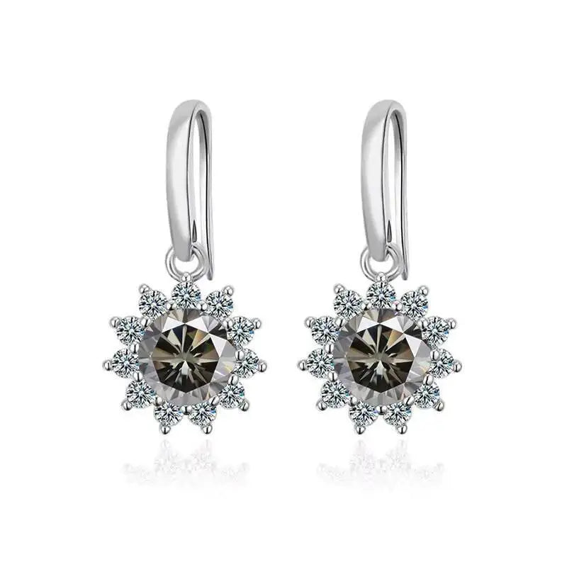 Colorful Sunburst Moissanite Drop Earrings in Sterling Silver — Gray stones