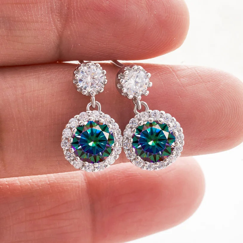 Colored Round Halo Moissanite Drop Earrings in Silver — Rainbow