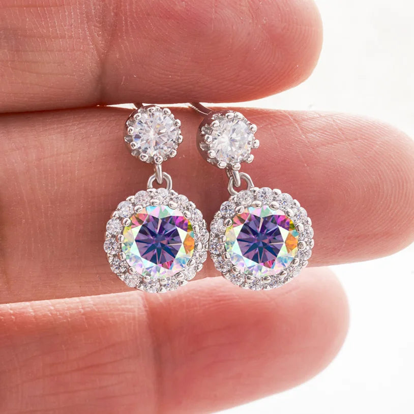 Colored Round Halo Moissanite Drop Earrings in Silver — Multicolor