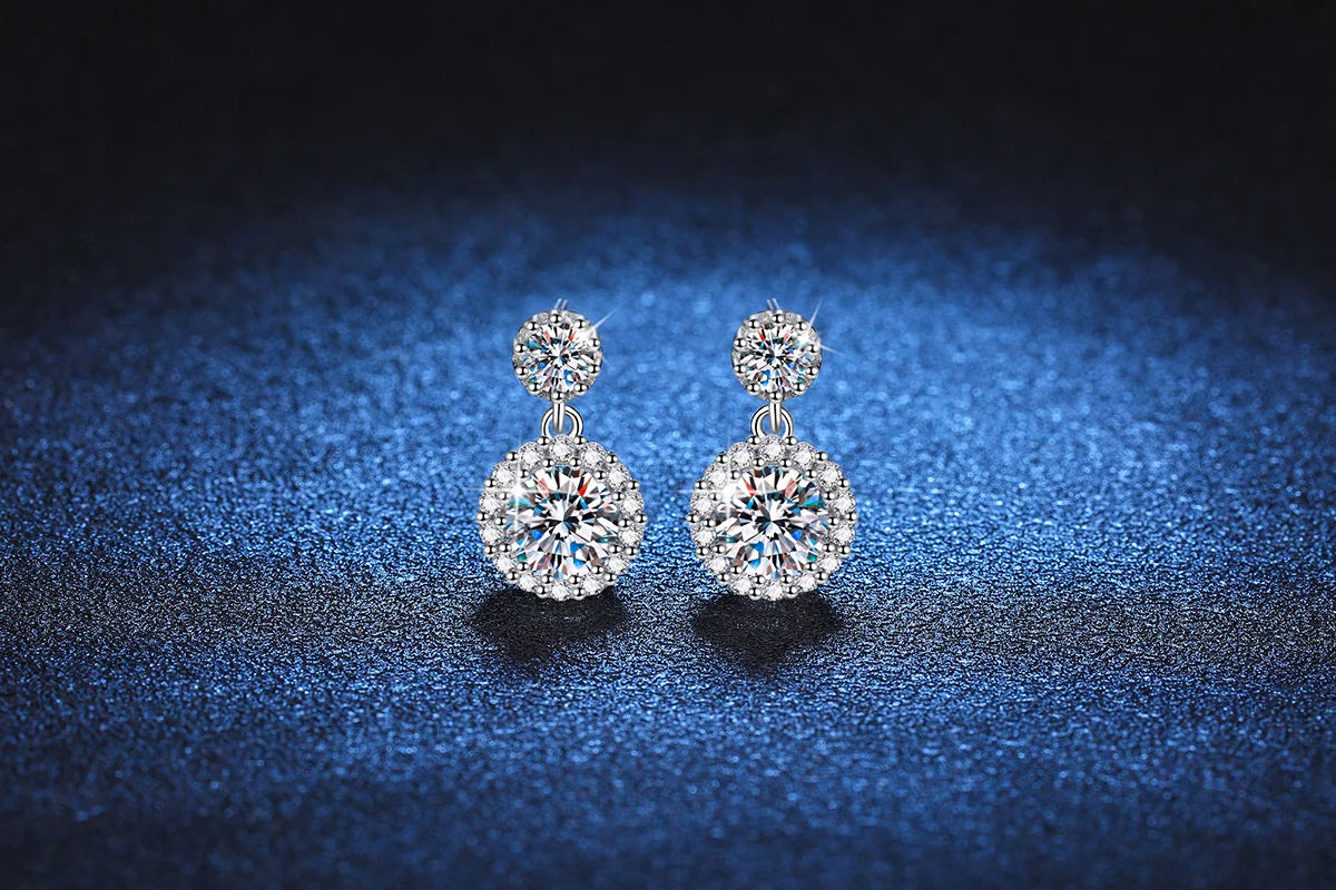 Colored Round Halo Moissanite Drop Earrings in Silver — White halo drops