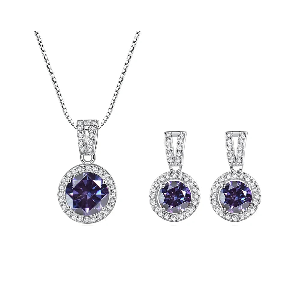 Colored Halo Moissanite Necklace & Drop Earrings Set in Silver — Violet set