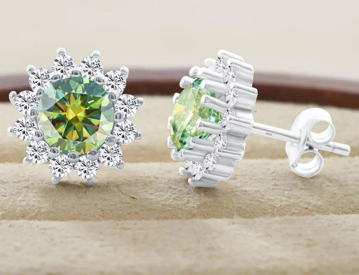 Moissanite Sunburst Halo Stud Earrings in Sterling Silver — Yellow green sunburst studs — BandsCo Straps