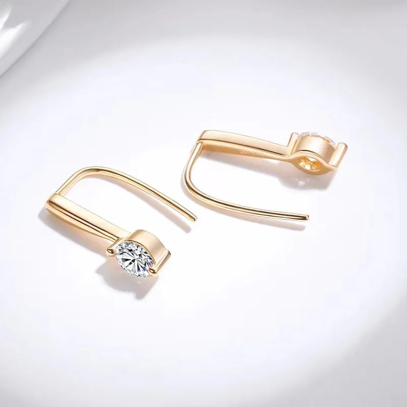 Round Moissanite Long-Hook Drop Earrings in Sterling Silver - Warm-tone hooks rear view
