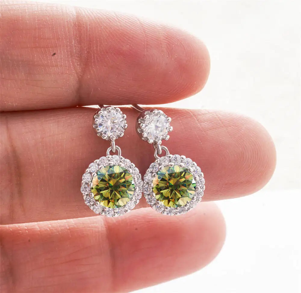 Moissanite Halo Drop Earrings in 925 Sterling Silver — Yellow Green — BandsCo Straps