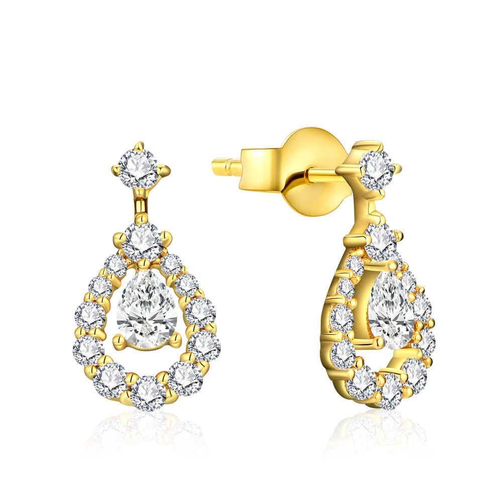 Pear Moissanite Halo Drop Earrings in Sterling Silver — Yellow Gold Tone — BandsCo Straps