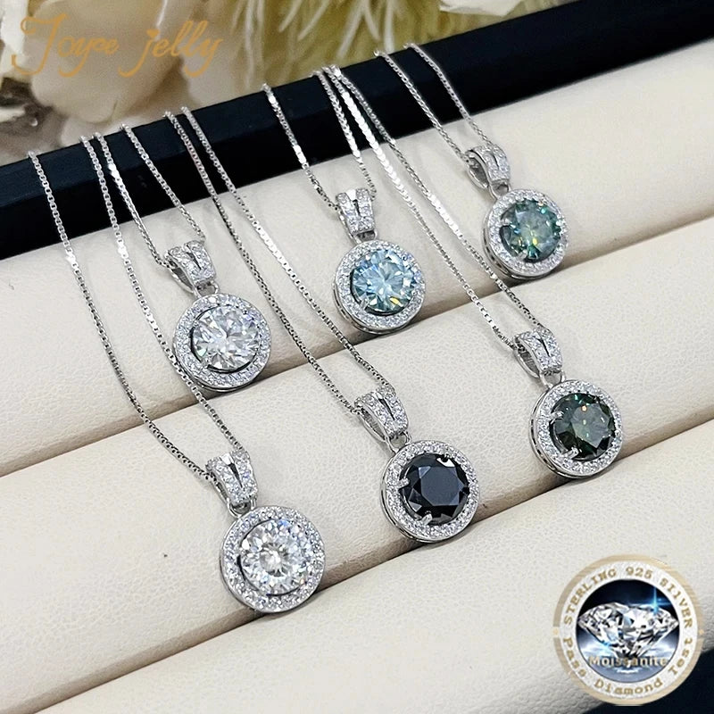Colored Halo Moissanite Necklace & Drop Earrings Set in Silver — Blue and green color comparison