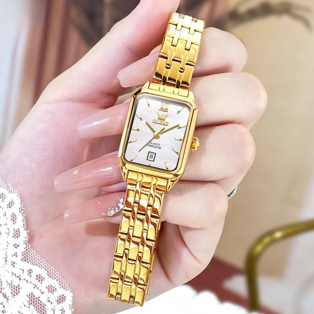Women's Gold-Tone Rectangular Bracelet Watch — White Dial / Link Bracelet — BandsCo Straps