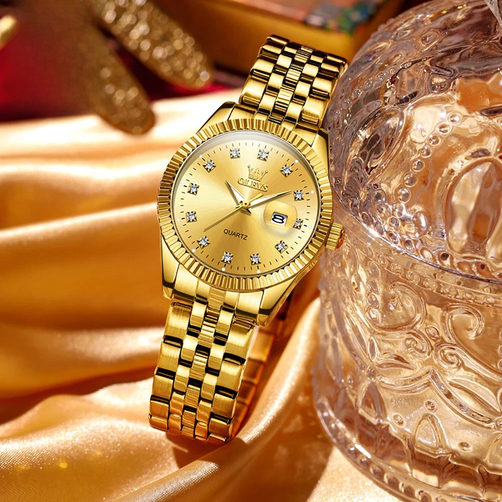 Women's 33mm Fluted Bezel Quartz Date Watch — Gold-tone dial and fluted bezel