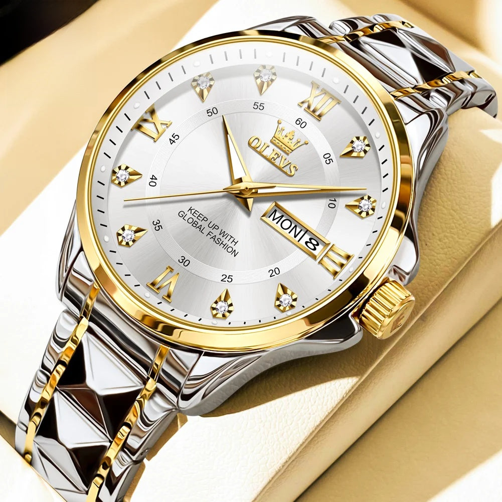 Stainless Steel Day-Date Watch - Women's, Men's & Couples — Men / Two Tone / White Dial — BandsCo Straps