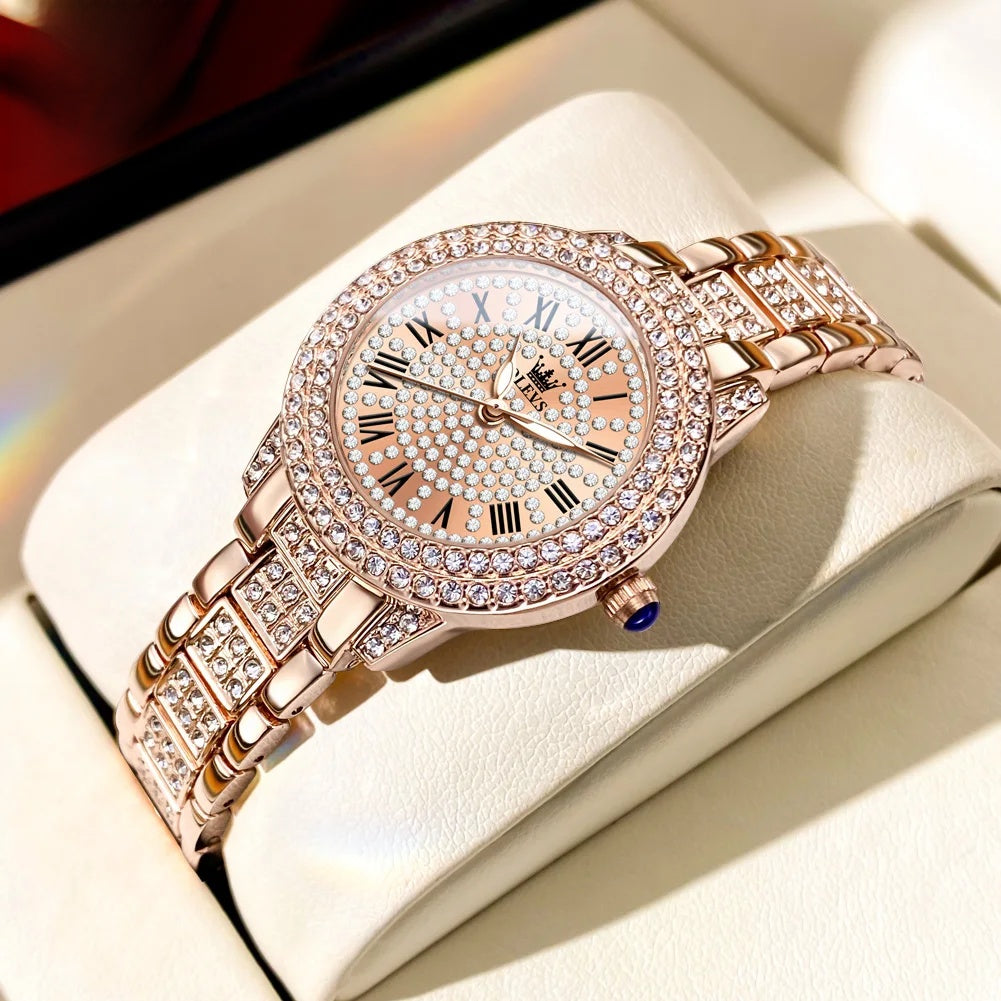 Women's Rose Gold-Tone Crystal Roman Numeral Watch — Rose Gold Tone / Full Crystal Dial