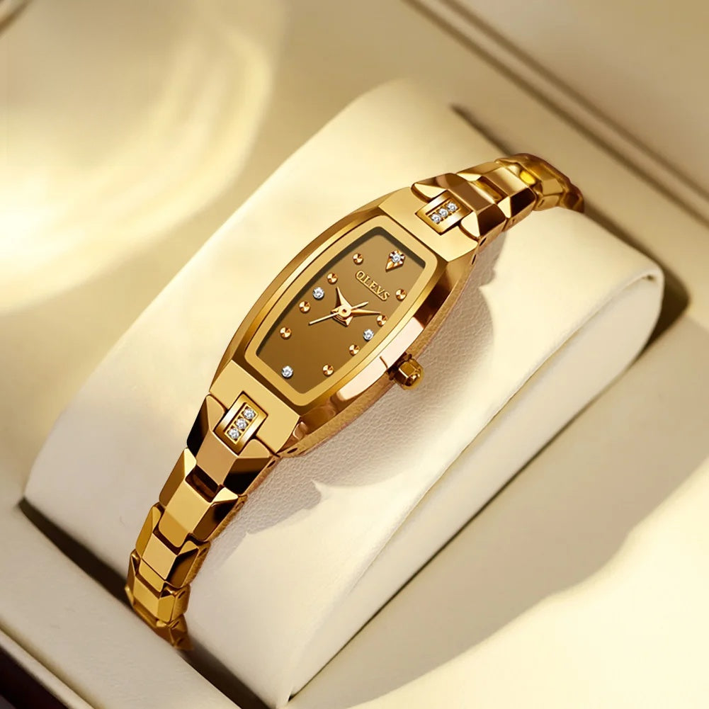 Women's Slim Tonneau Crystal Accent Watch — Gold-tone tonneau watch close-up — BandsCo Straps