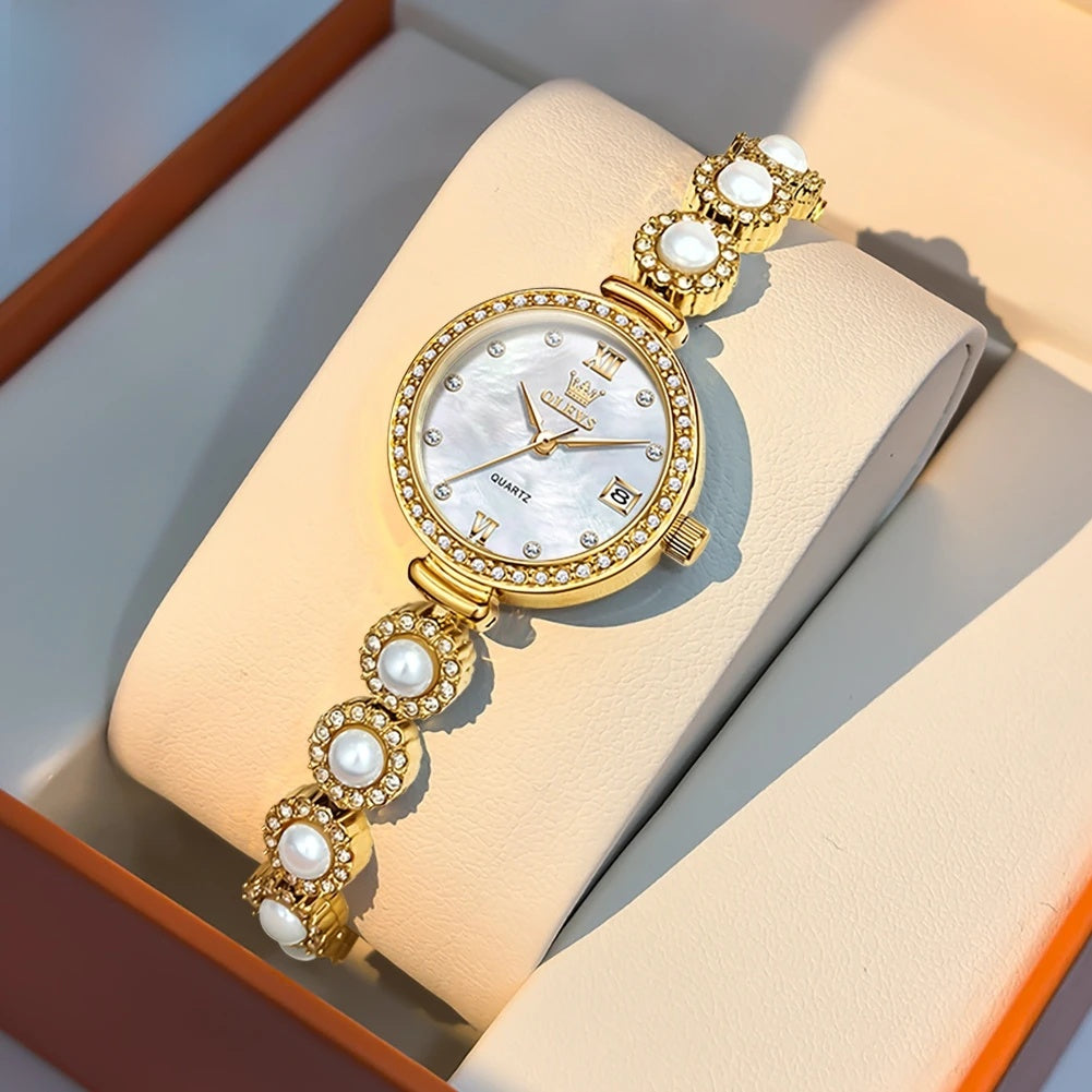 Women's Pearl-Effect Crystal Bracelet Watch — Gold Tone / White Dial