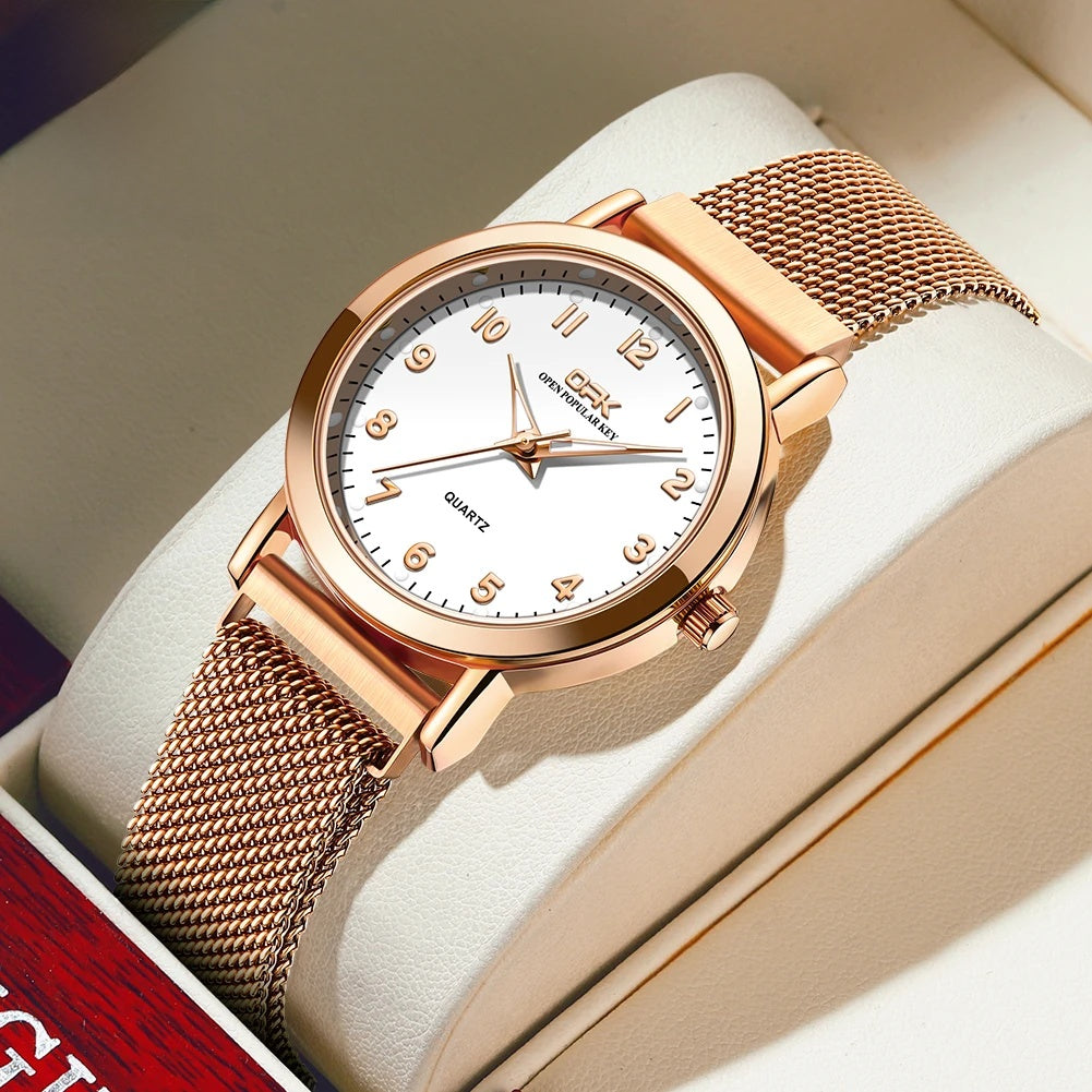 Women's Arabic Numeral Mesh Quartz Watch — Rose Gold Tone / White Dial — BandsCo Straps