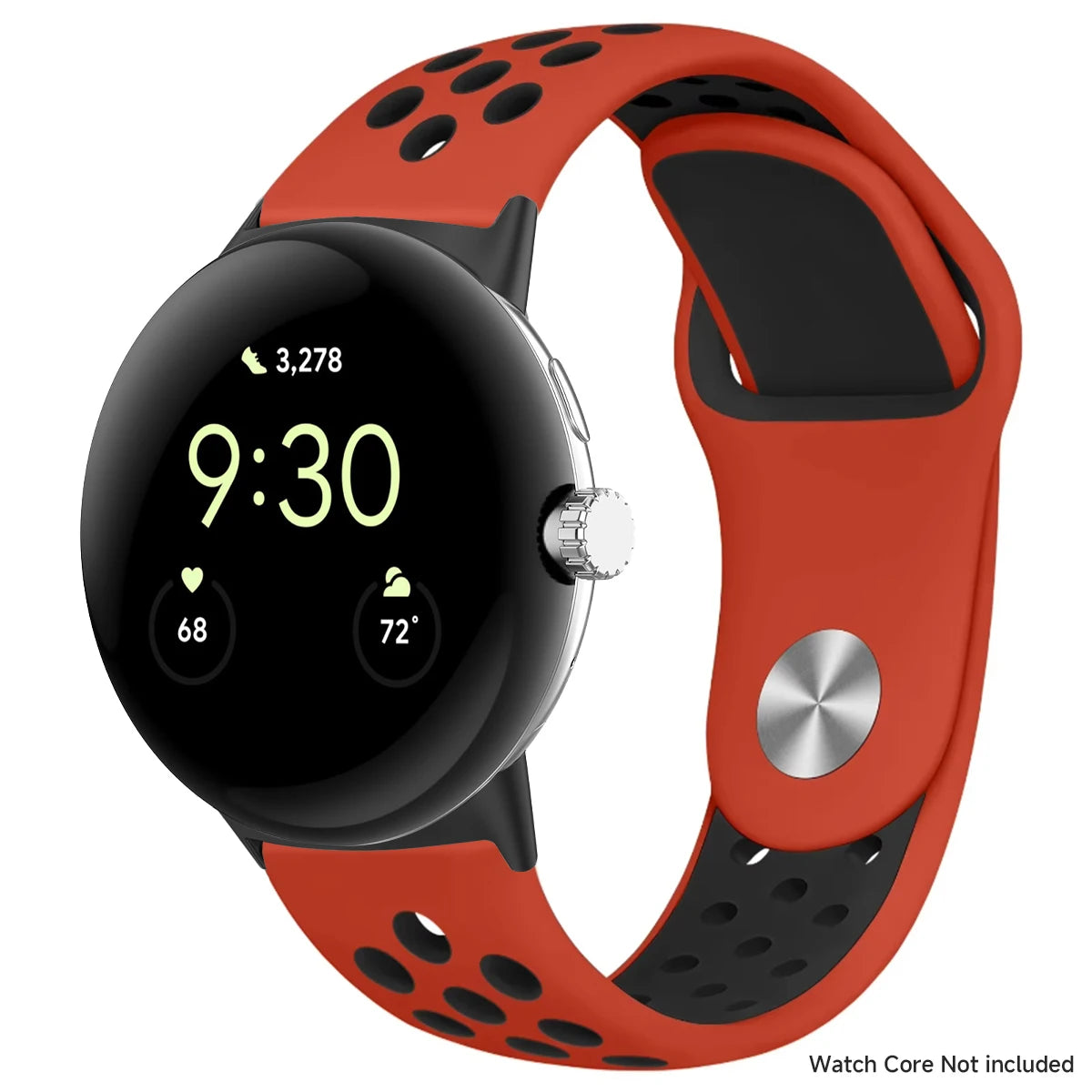 Red and black perforated band shown with silver connectors