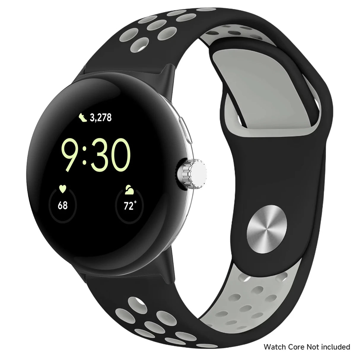 Black and gray perforated band shown with silver connectors