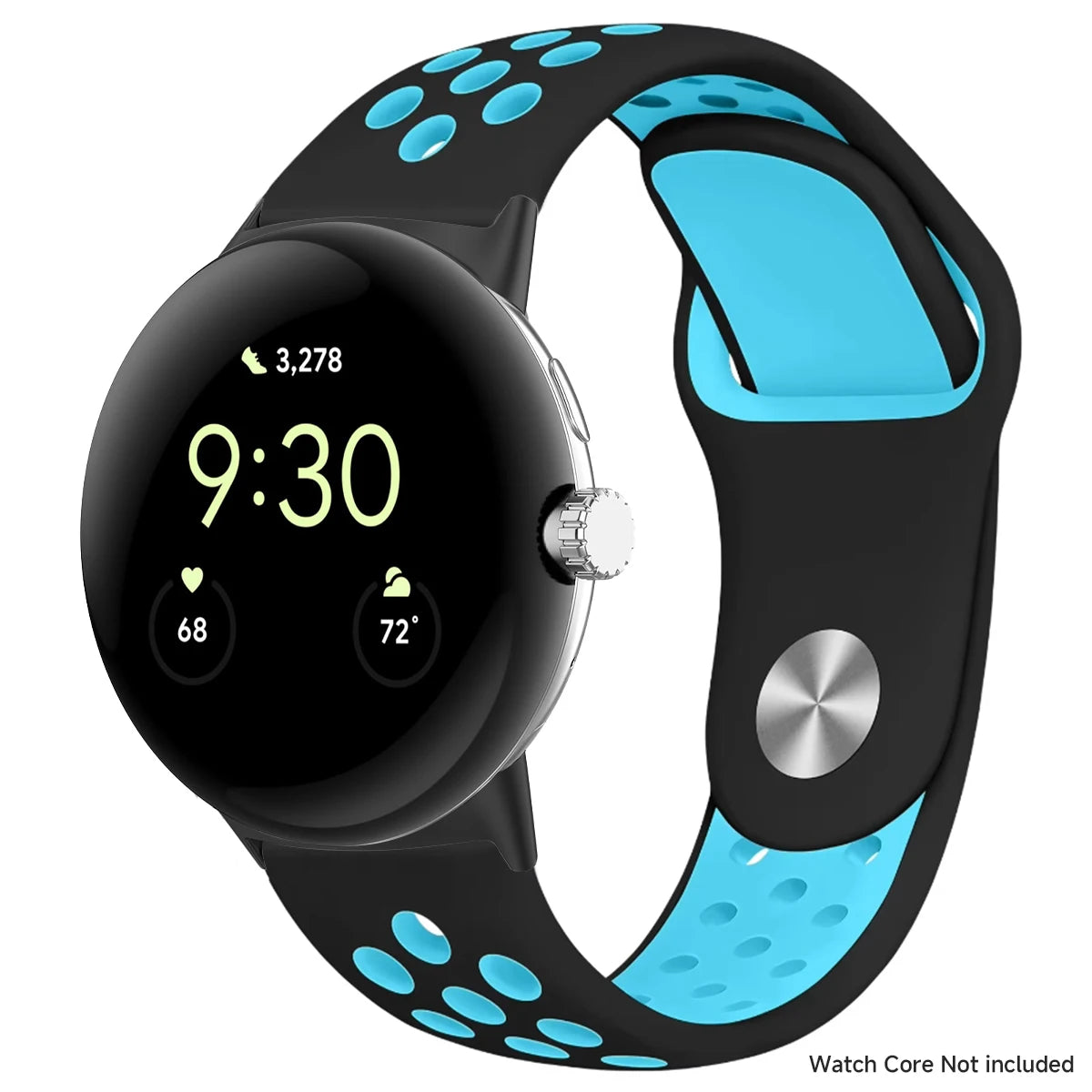 Black and sky blue perforated band shown with silver connectors