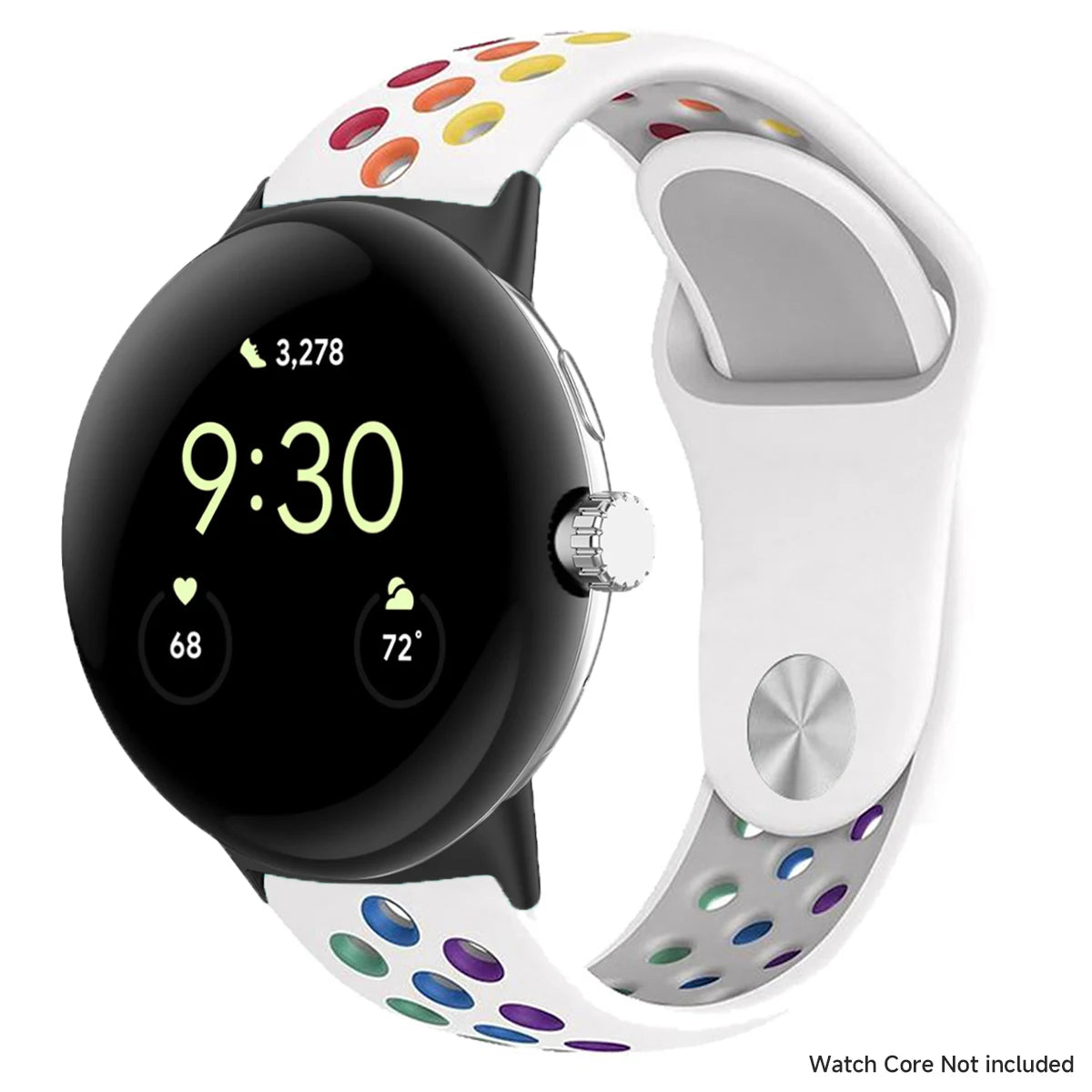White perforated band with rainbow accents and black connectors