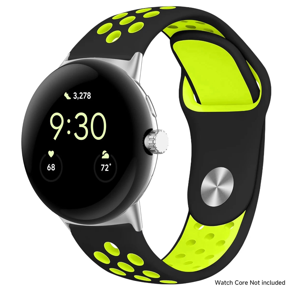 Round Stud Perforated Silicone Google Pixel Watch Band in Black / Neon Yellow - Silver