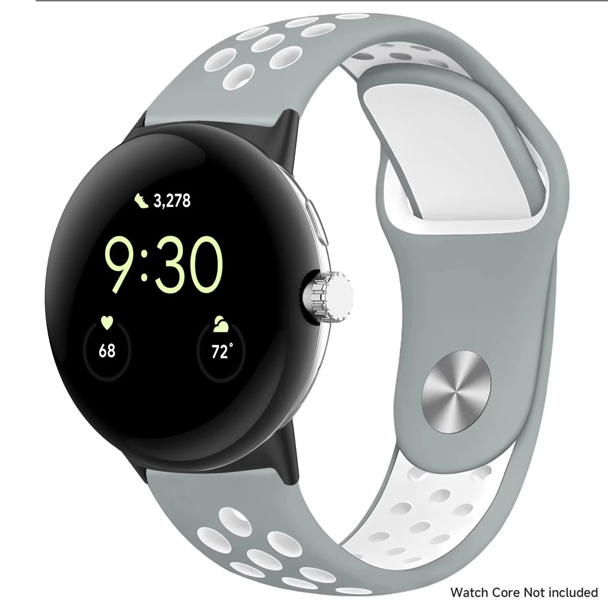 Gray and white perforated band with black connectors