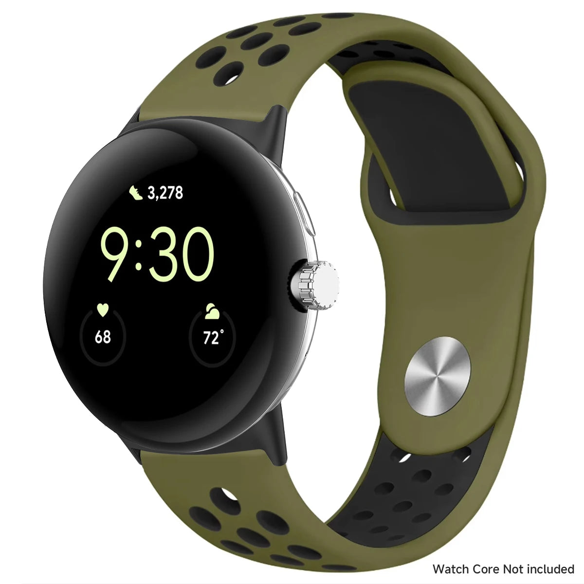 Round Stud Perforated Silicone Google Pixel Watch Band in Olive / Black - Black