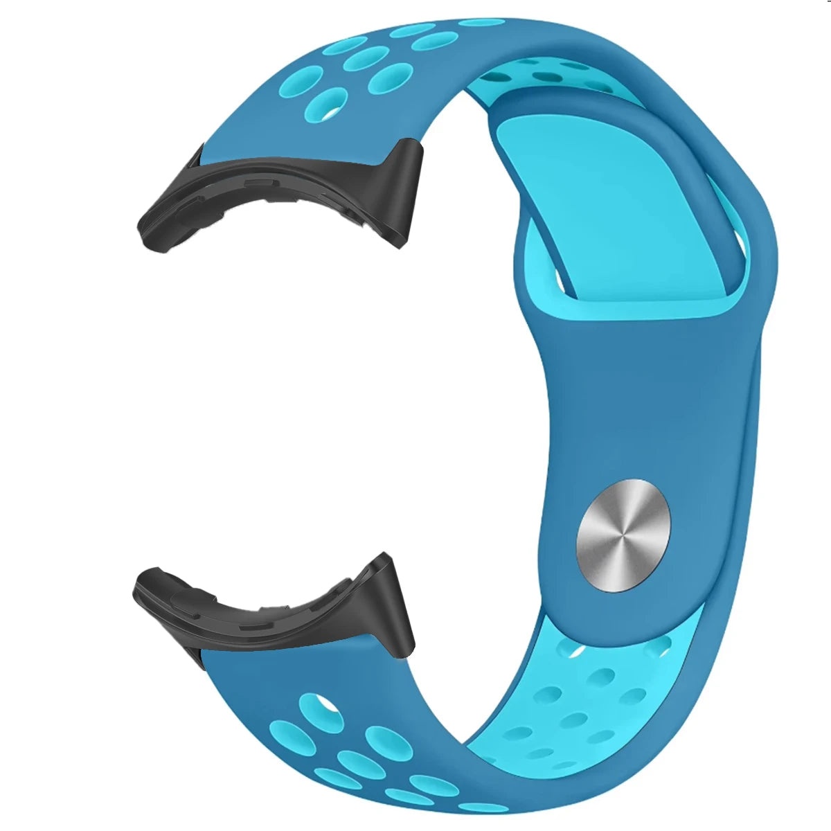 Blue and aqua perforated Pixel Watch strap with black connectors