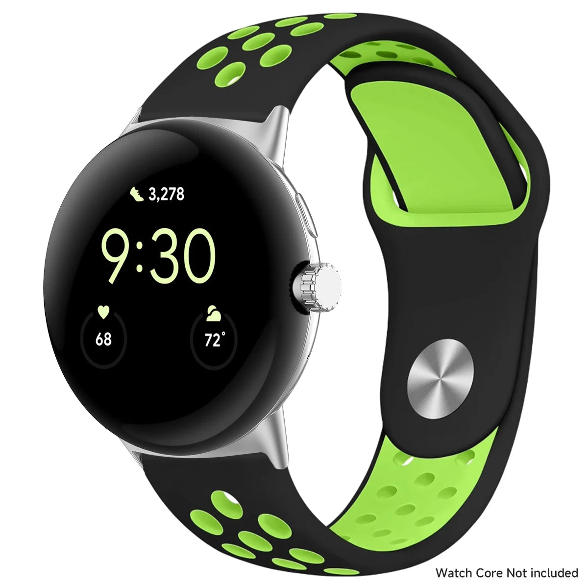 Round Stud Perforated Silicone Google Pixel Watch Band in Black / Lime - Silver