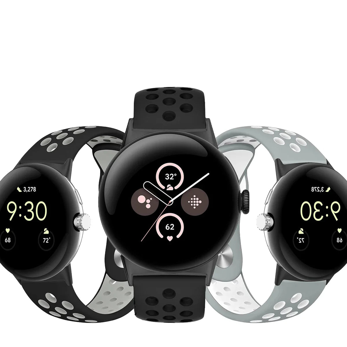Three perforated Pixel Watch bands in dark and gray tones
