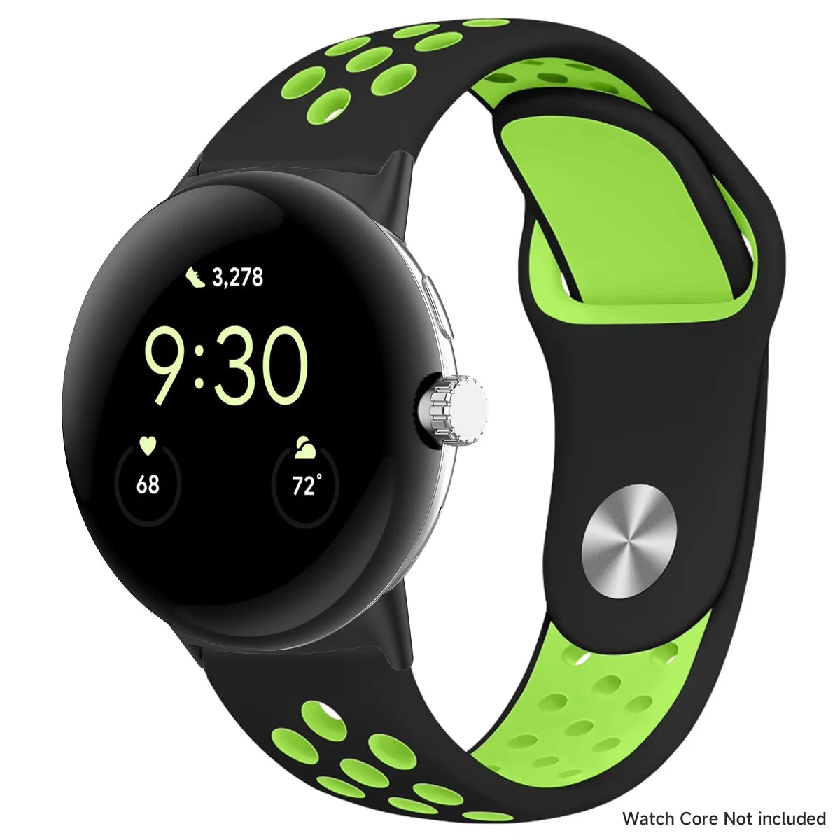 Black and lime perforated band shown with silver connectors