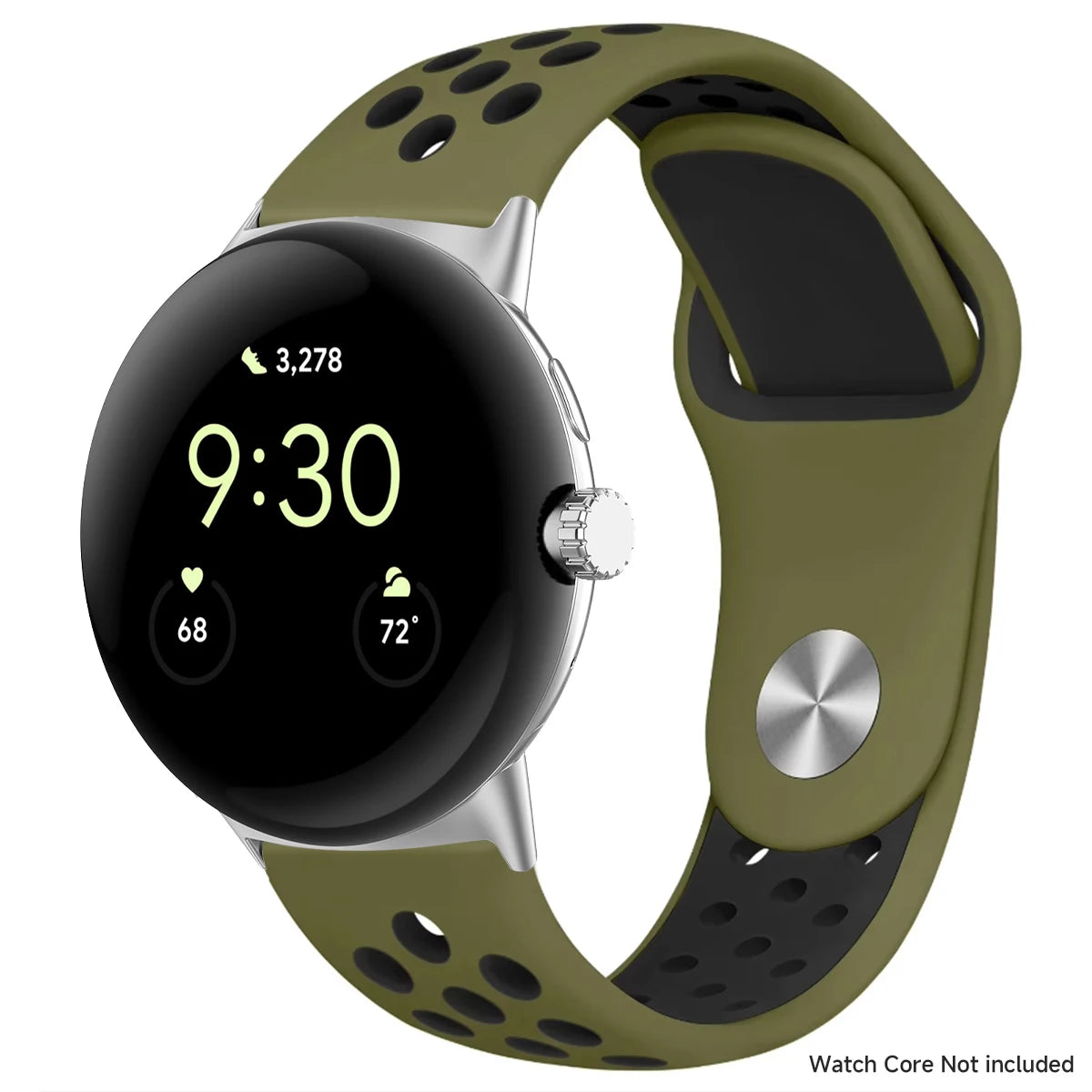 Round Stud Perforated Silicone Google Pixel Watch Band in Olive / Black - Silver