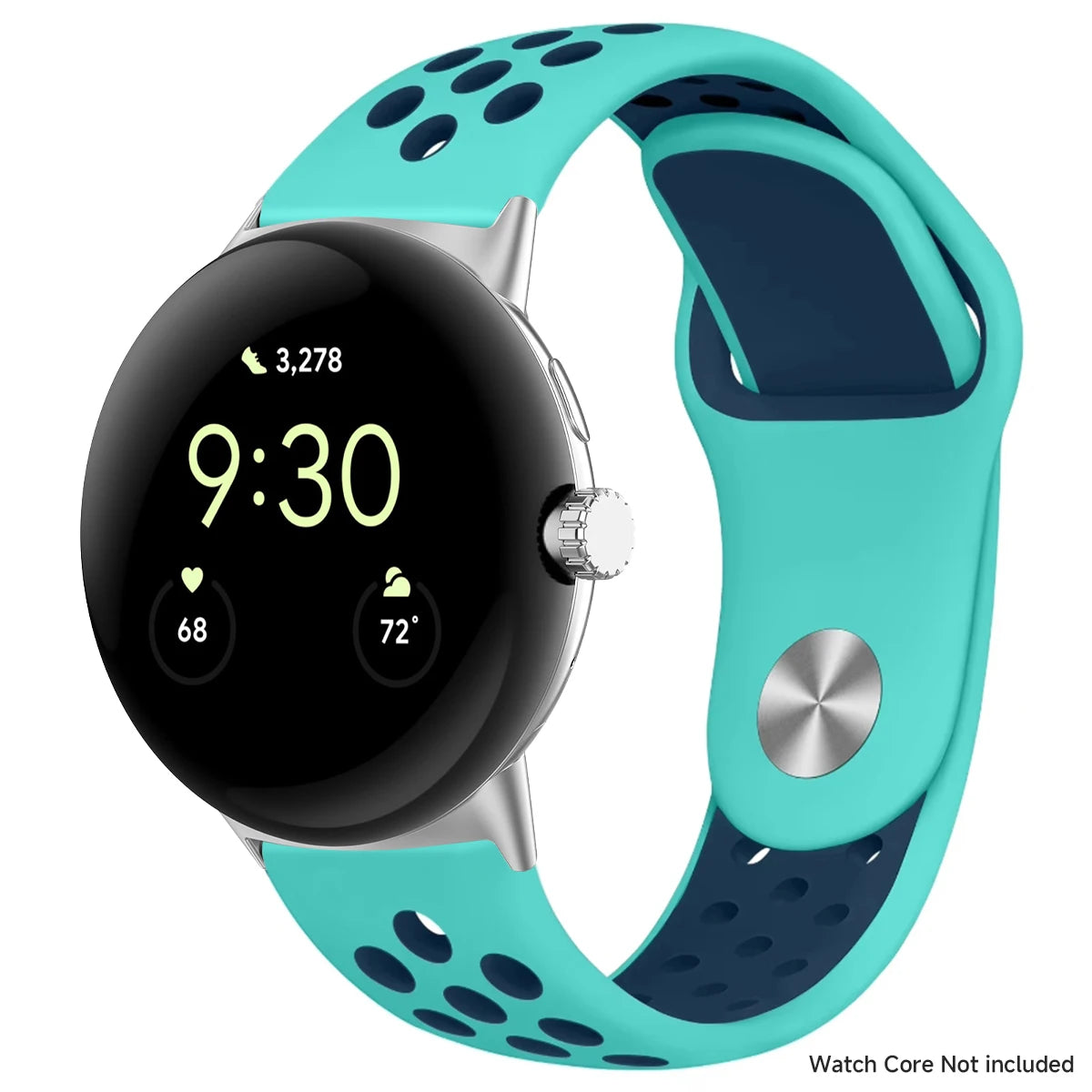 Round Stud Perforated Silicone Google Pixel Watch Band in Turquoise / Navy - Silver