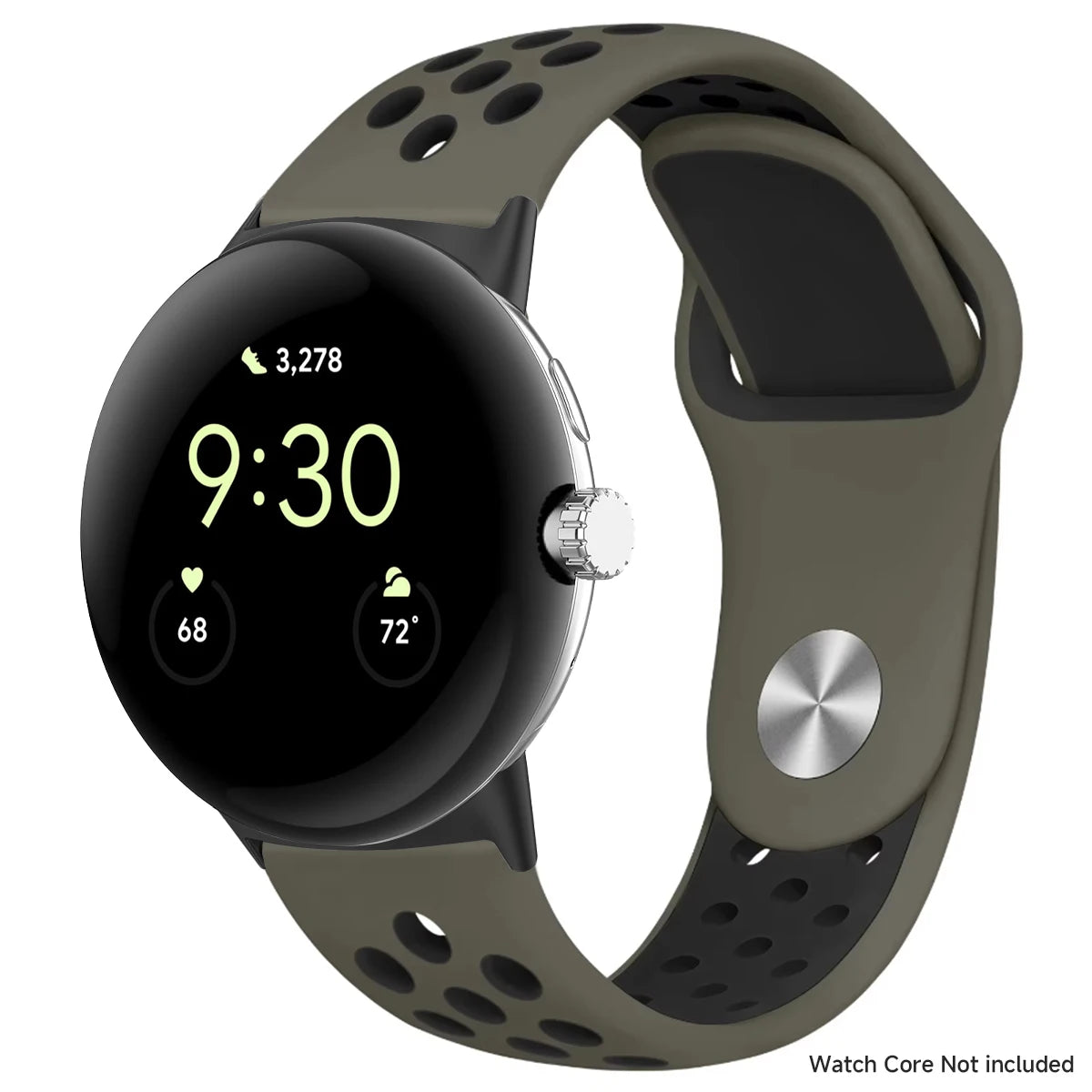 Army green and black perforated band shown with silver connectors