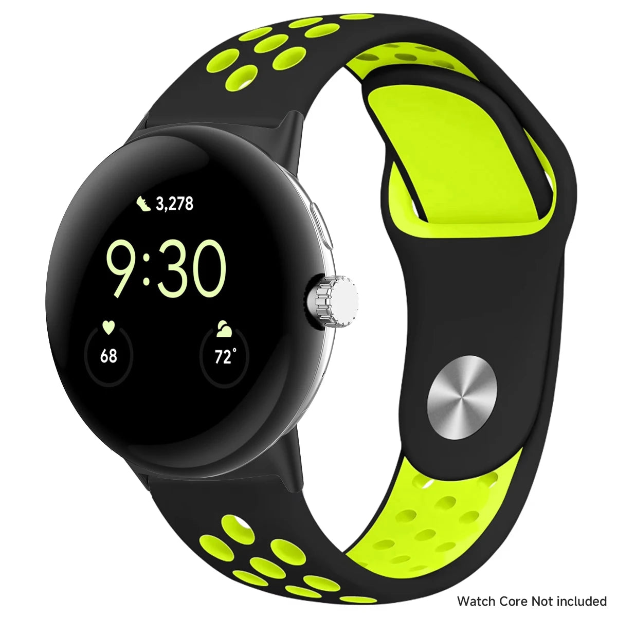 Black and neon yellow perforated band shown with silver connectors