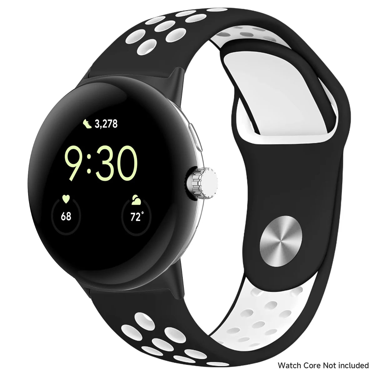Black and white perforated Pixel Watch band with black connectors