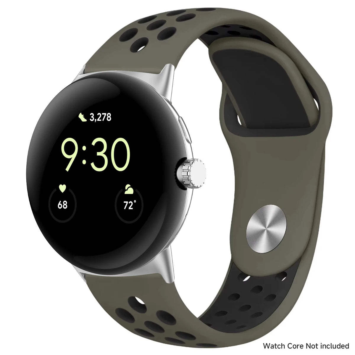 Round Stud Perforated Silicone Google Pixel Watch Band in Army Green / Black - Silver