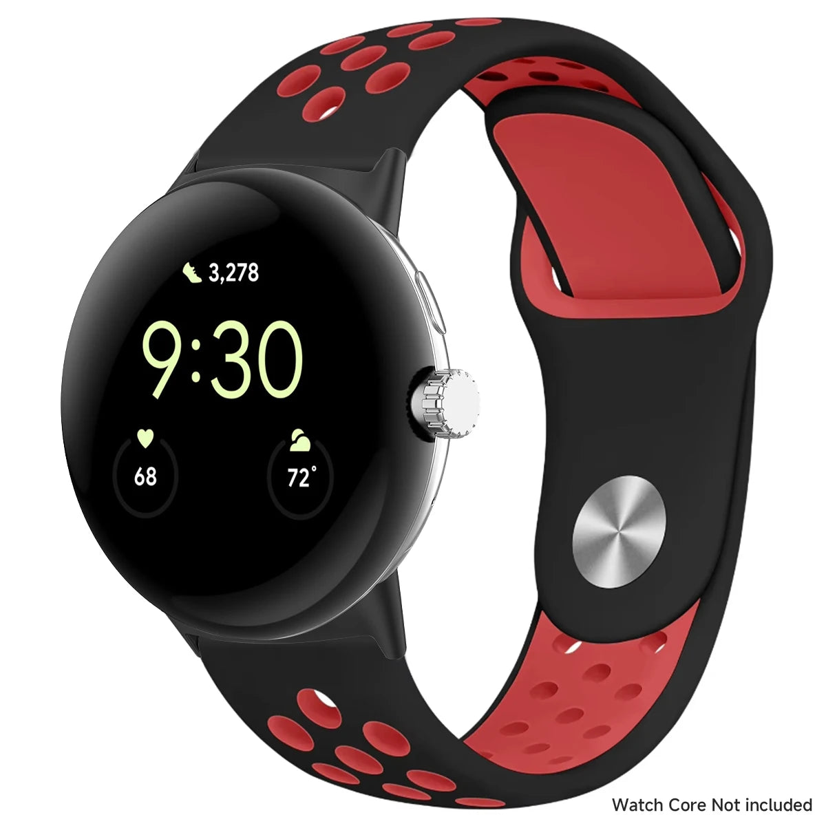 Black and red perforated band shown with silver connectors