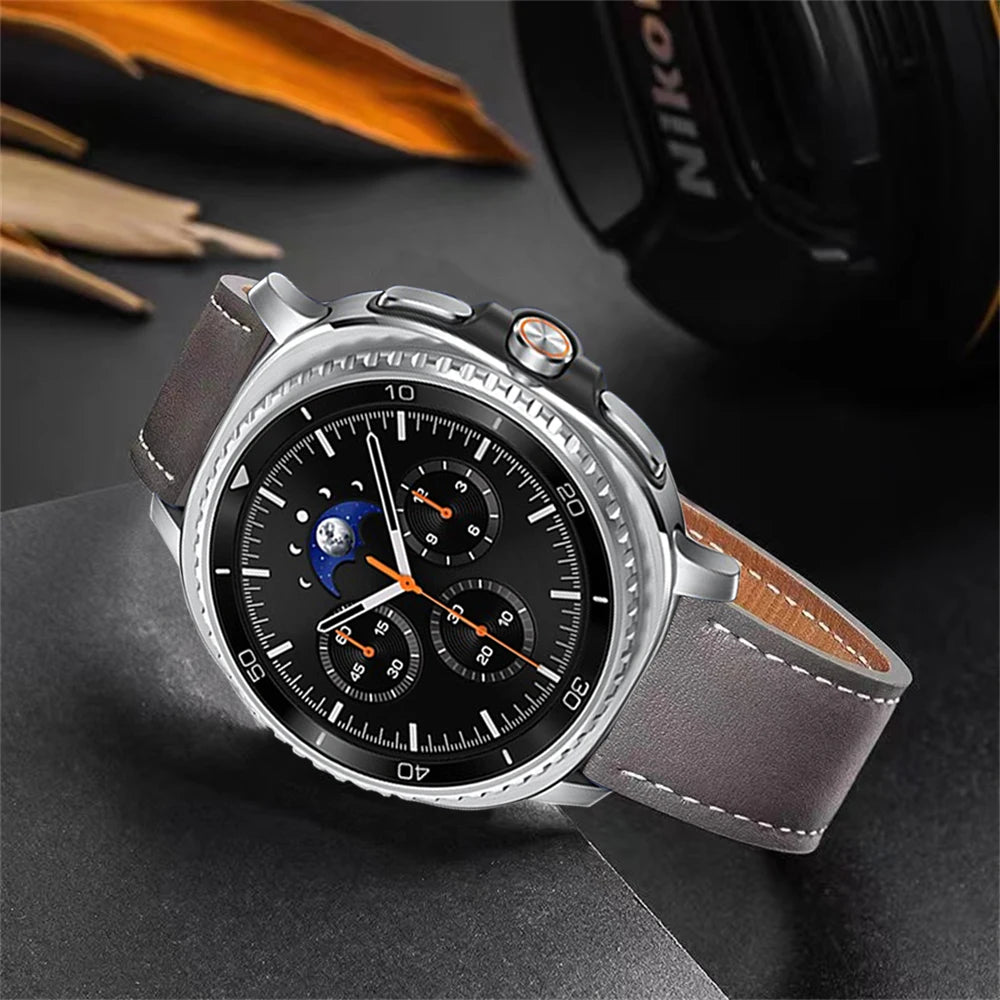 Gray stitched leather watch band angled view for Samsung Galaxy Watch8, Watch8 Classic and Watch9