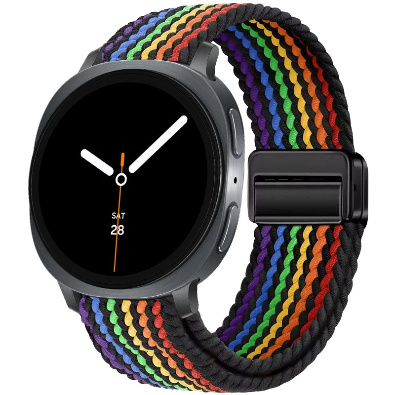 Braided Nylon Clasp Band in Black Rainbow Stripe / Black Clasp for Samsung Galaxy Watch8, Watch8 Classic and Watch9