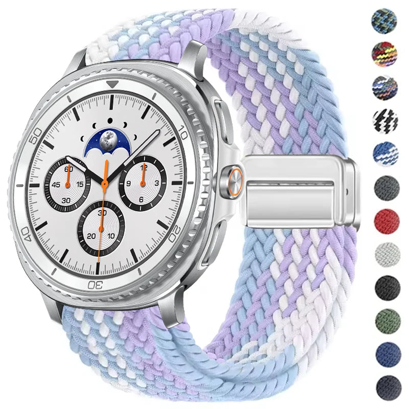 Pastel braided nylon watch band with color preview circles for Samsung Galaxy Watch8, Watch8 Classic and Watch9