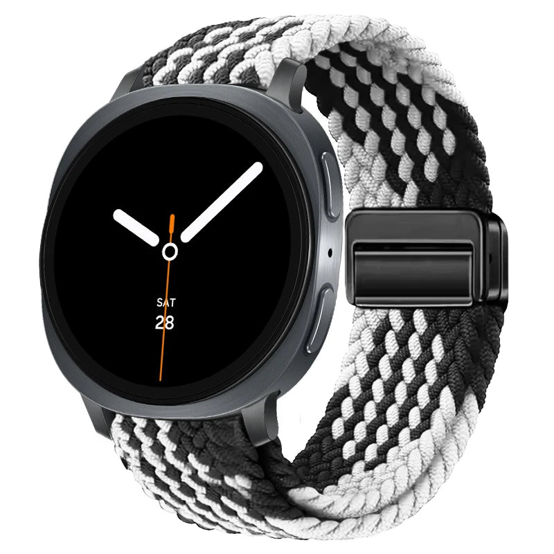 Braided Nylon Clasp Band in Black and White Diagonal / Black Clasp for Samsung Galaxy Watch8, Watch8 Classic and Watch9