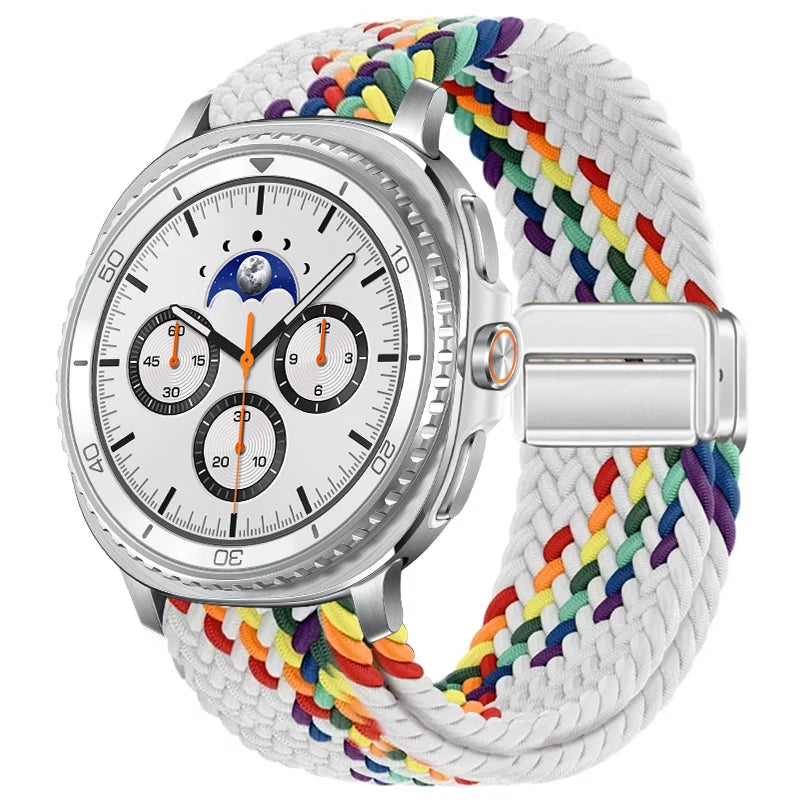Braided Nylon Clasp Band in White Rainbow Diagonal / Silver Clasp for Samsung Galaxy Watch8, Watch8 Classic and Watch9