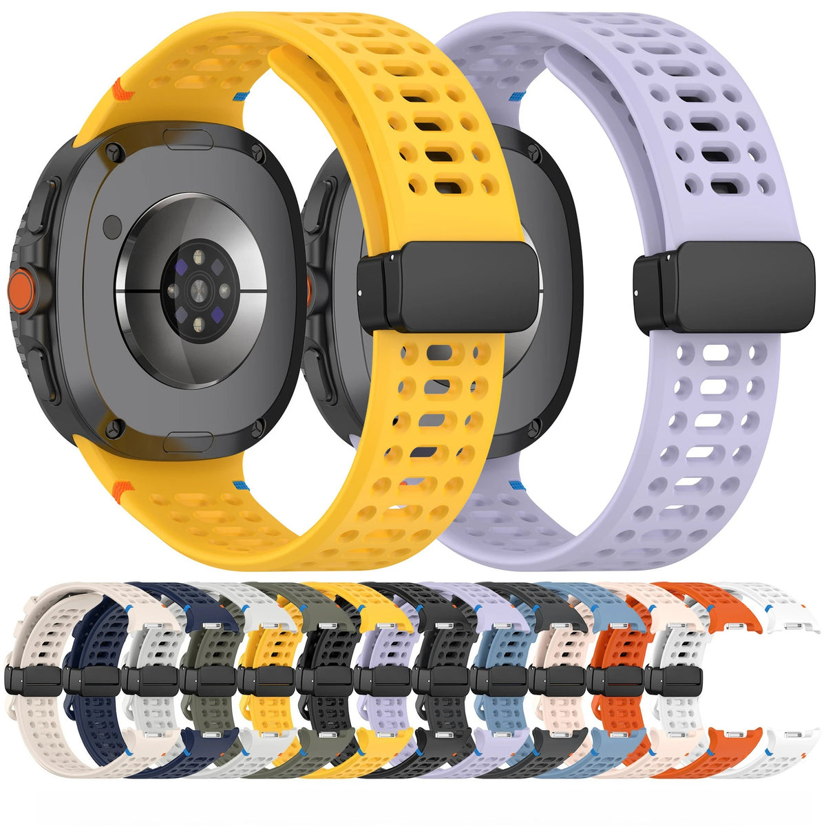 Yellow and lavender silicone bands with color previews