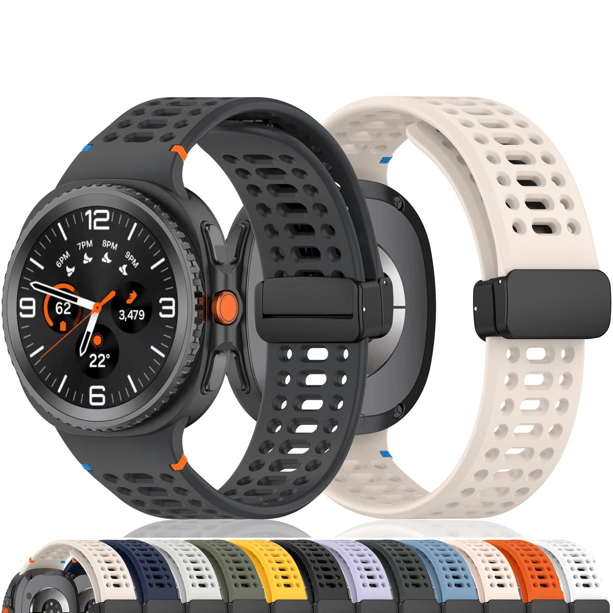 Black and starlight perforated silicone bands with color previews