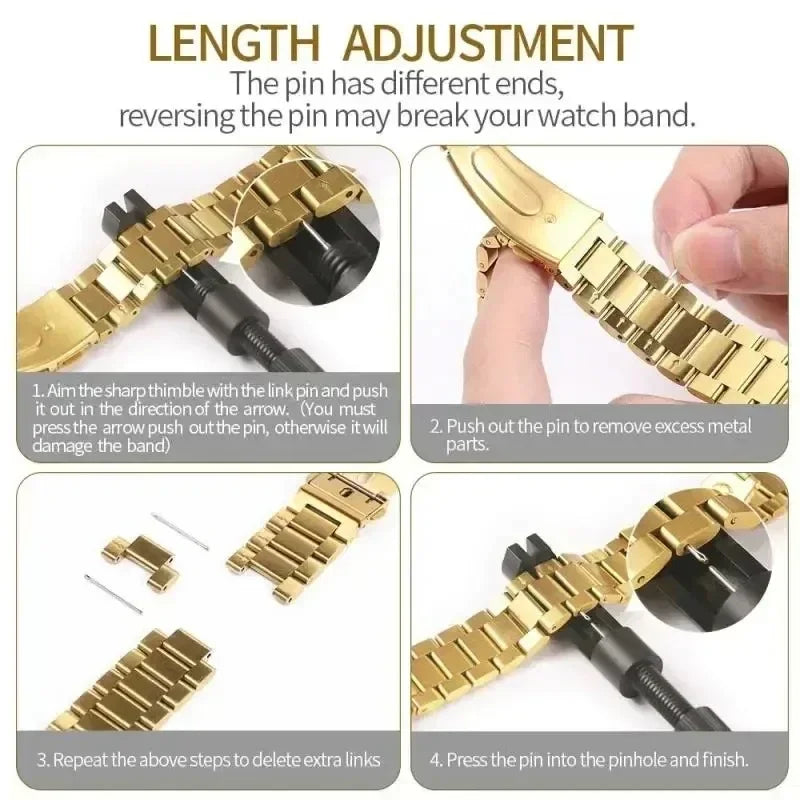 Steel watch band link-removal illustration for Samsung Galaxy Watch8, Watch8 Classic and Watch9
