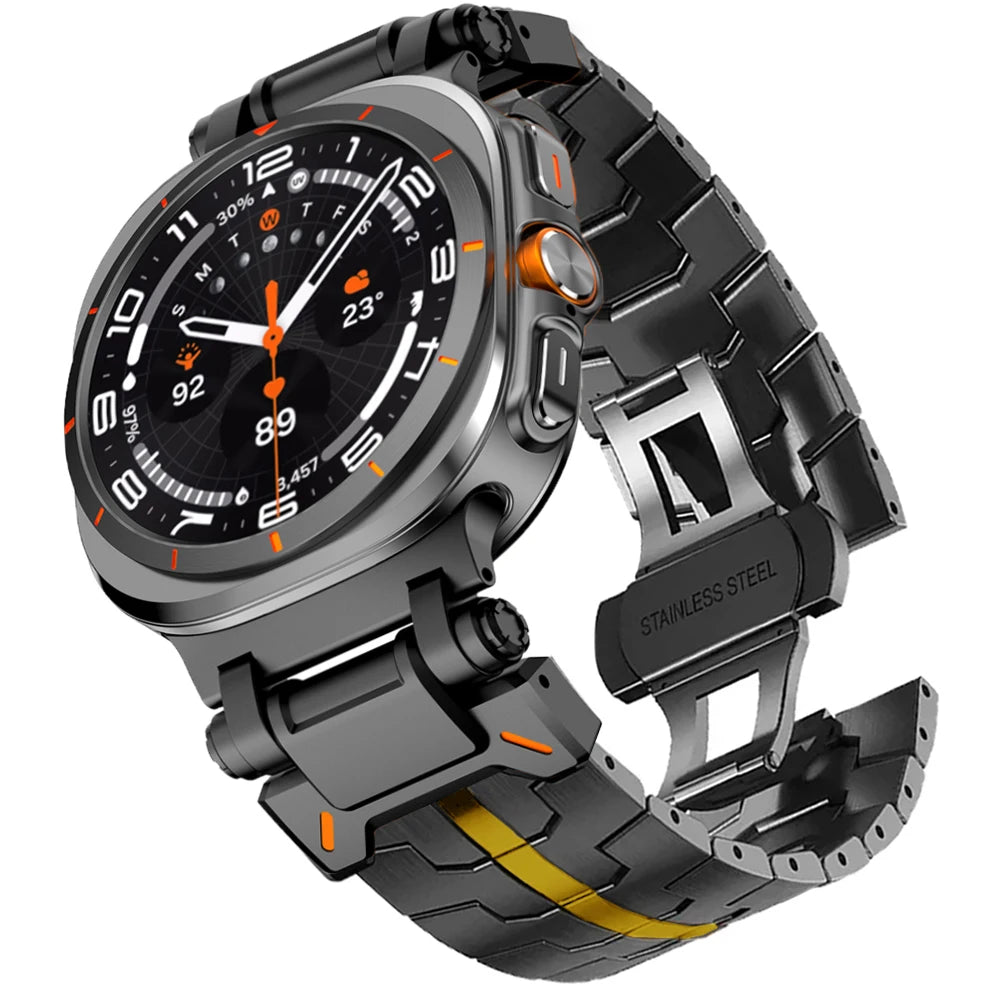 Steel Link Band with Stripe Options in Black / Gold Stripe for Samsung Galaxy Watch8, Watch8 Classic and Watch9