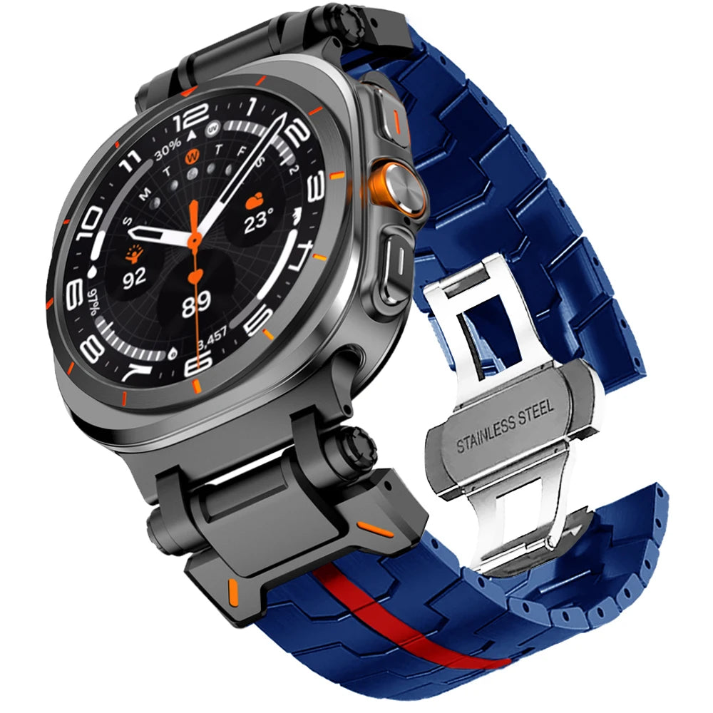 Steel Link Band with Stripe Options in Blue / Red Stripe for Samsung Galaxy Watch8, Watch8 Classic and Watch9