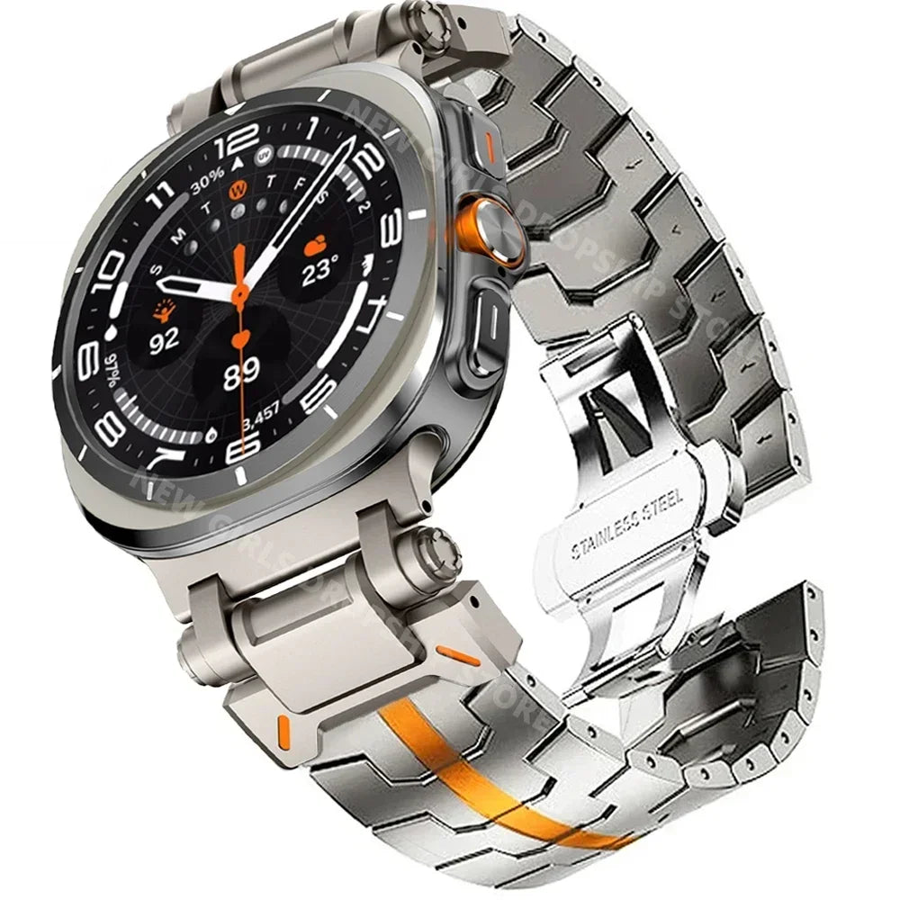 Steel Link Band with Stripe Options in Titanium Gray / Orange Stripe for Samsung Galaxy Watch8, Watch8 Classic and Watch9