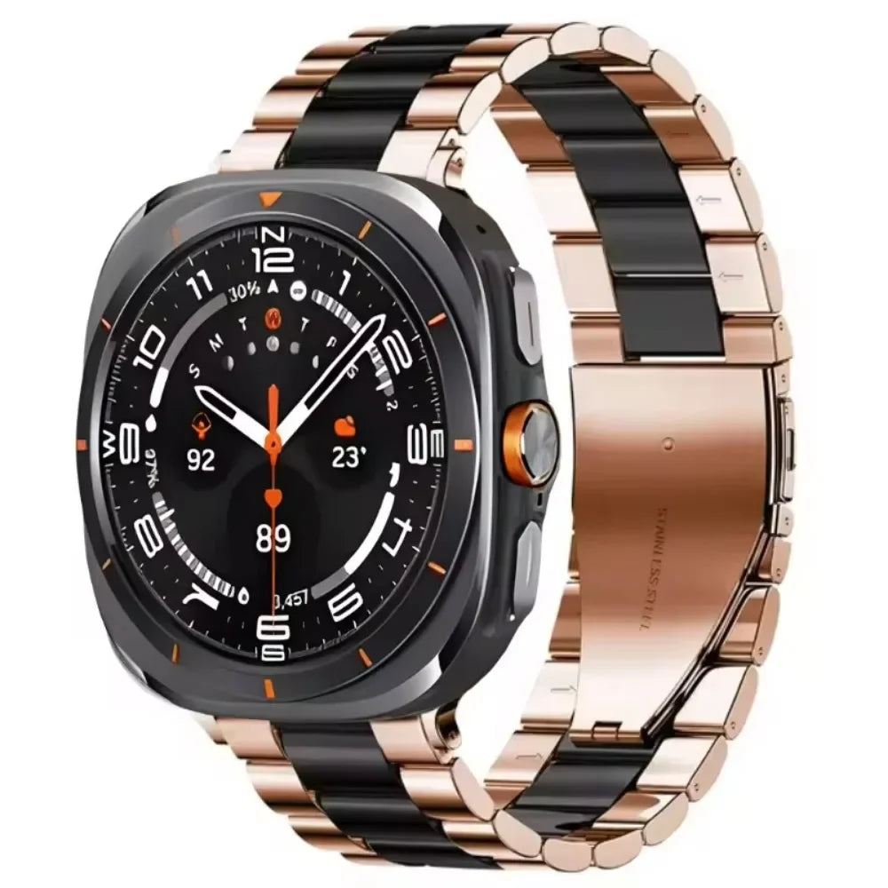 Three-Row Steel Band with Color Center in Rose Gold / Black Center for Samsung Galaxy Watch8, Watch8 Classic and Watch9
