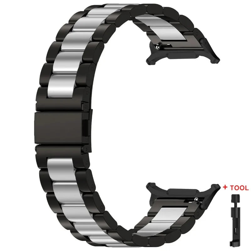 Black and silver steel band with adjustment tool for Samsung Galaxy Watch8, Watch8 Classic and Watch9