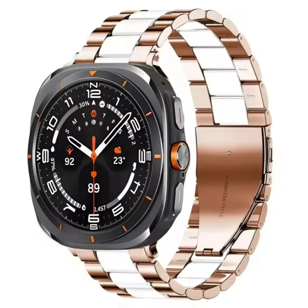 Three-Row Steel Band with Color Center in Rose Gold / White Center for Samsung Galaxy Watch8, Watch8 Classic and Watch9